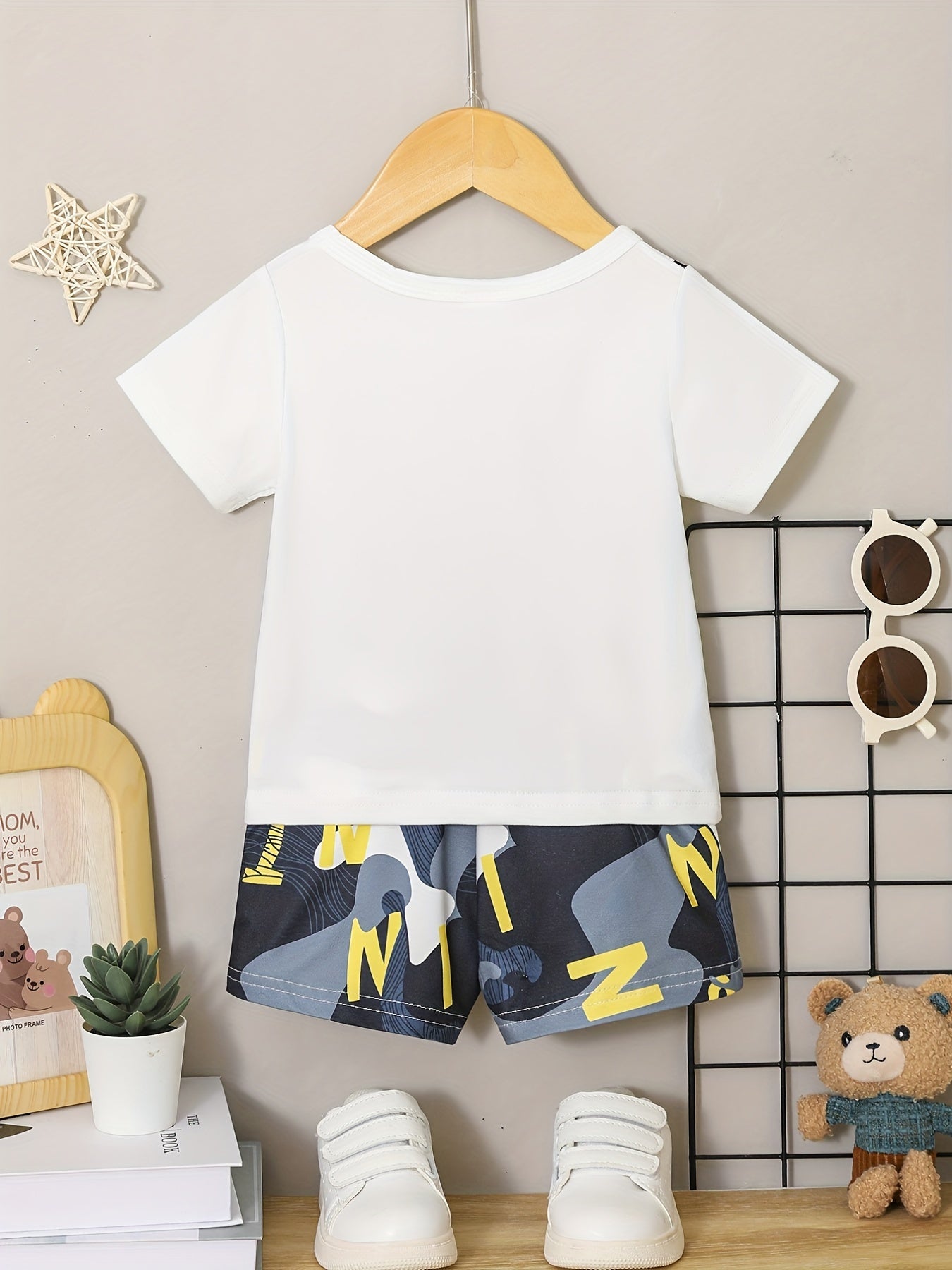 Baby Boy 2-Piece Set – Bear Print T-Shirt & Checkered Shorts (Optional Backpack)