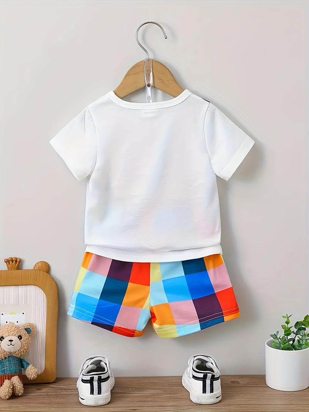 Baby Boy 2-Piece Set – Bear Print T-Shirt & Checkered Shorts (Optional Backpack)