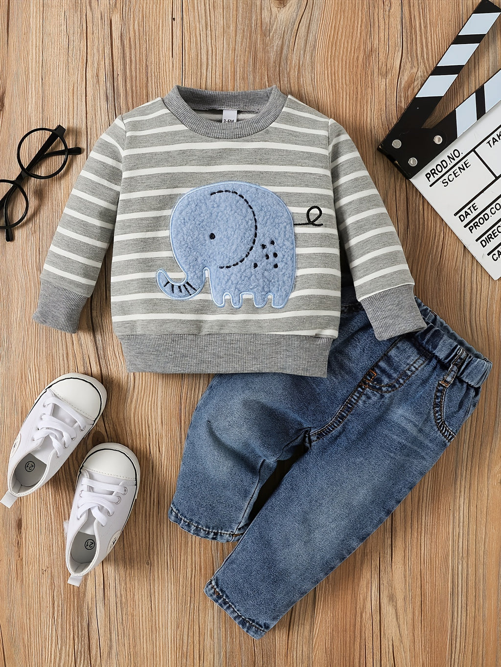 Baby Boy 2-Piece Set – Striped Elephant Long Sleeve Top & Denim Pants