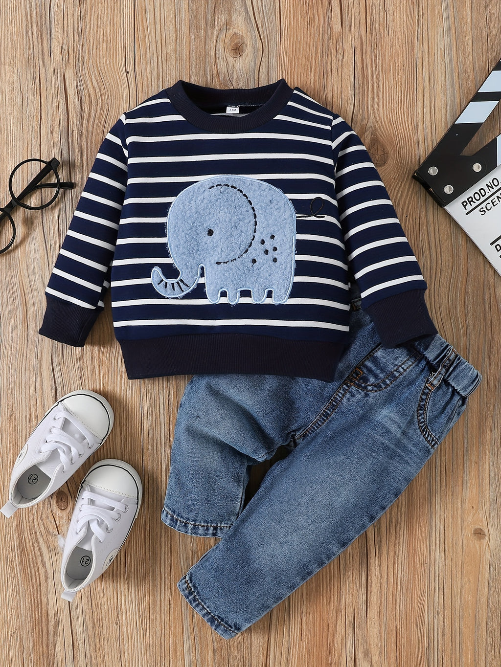 Baby Boy 2-Piece Set – Striped Elephant Long Sleeve Top & Denim Pants