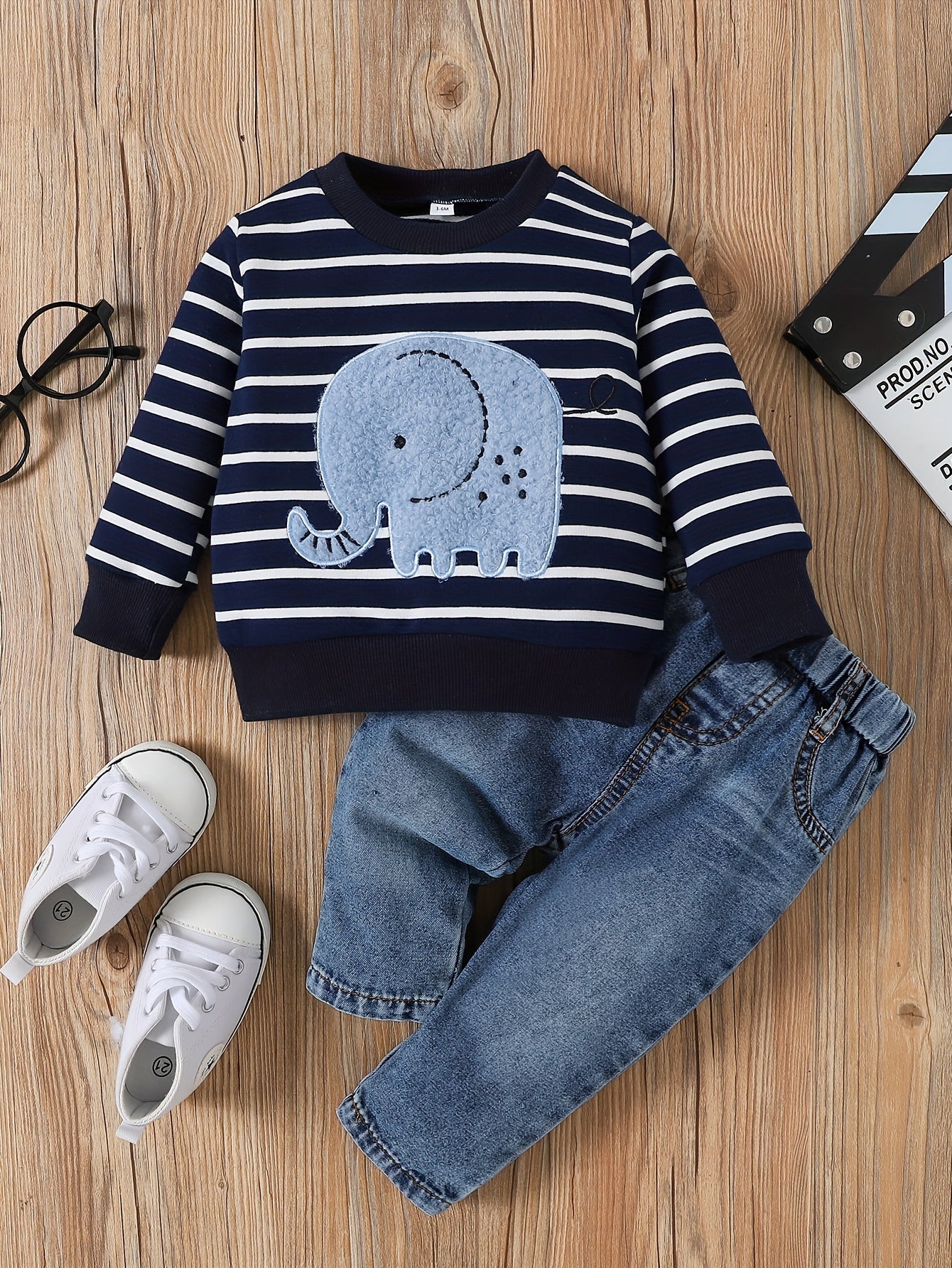 Baby Boy 2-Piece Set – Striped Elephant Long Sleeve Top & Denim Pants